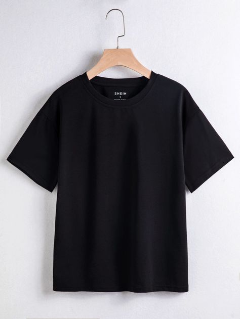 Black Casual Collar Half Sleeve Fabric Plain  Embellished Slight Stretch Summer Women Clothing Drop Shoulder Tshirt, Plain Black Tee, Plain Tee Shirts, Plain Black T Shirt, Black Leggings Outfit, Black Tees, Black Shirts Women, Drop Shoulder Tee, Fall Capsule Wardrobe