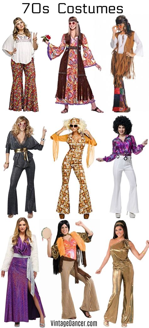 70s costumes Women's hippie disco Halloween party ideas at VintageDancer.com Hippie Carnaval, Disco Halloween Party, 70s Costume Women, 70s Theme Party Outfit, Outfits 70s Style, 70s Costumes, Hippie Outfits 70s, 70s Party Outfit, 70s Outfits Ideas