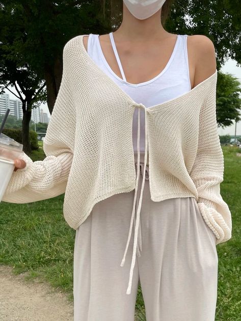 Flowy Dress With Cardigan, Tie Sweater Across Chest, Front Tie Sweater Outfit, Sweater Tied Across Chest, Tied Sweater Outfit, Flowy Cardigan Outfit, Front Tie Cardigan Outfit, Tie Front Cardigan Outfit, Sheer Cardigan Outfit