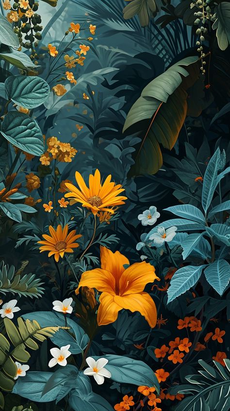 Dive into a lush tropical paradise with this vibrant floral wallpaper. Ideal for iPhone and Android users who want to carry the essence of a vibrant, blooming jungle with them. 🌴🌼 Tropical Posters, Aesthetic Green Plant Wallpaper, Summer Witch Aesthetic Wallpaper, Banana Leaf Wallpaper Iphone, Tropical Screensaver, Jungle Wallpaper Iphone, Leafs Wallpapers, Tropical Jungle Illustration, Mystic Wallpaper