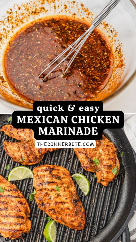Discover the secret to a restaurant-worthy meal at home with our easy Mexican chicken marinade - The Dinner Bite. Packed with flavors of Mexican cuisine, this quick and easy marinade will transform your ordinary chicken into a deliciously moist and succulent dish. Get ready to impress your family with your new culinary skills. Paprika Chicken Marinade, Marinated Chicken For Tacos, Quick Easy Chicken Marinade, Best Mexican Chicken Recipes, Grilled Mexican Chicken Marinade, Shredded Chicken Marinade, Chicken Grilling Marinade, Quick Mexican Chicken Marinade, Marinated Chicken Tacos
