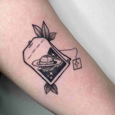 Tarot Style Tattoo, Tarot Tattoo Ideas Small, Juicebox Tattoo, Teabag Drawing, Large Tattoo Ideas, Tea Bag Tattoo, Teabag Tattoo, Small Silly Tattoos, Celestial Sleeve Tattoo