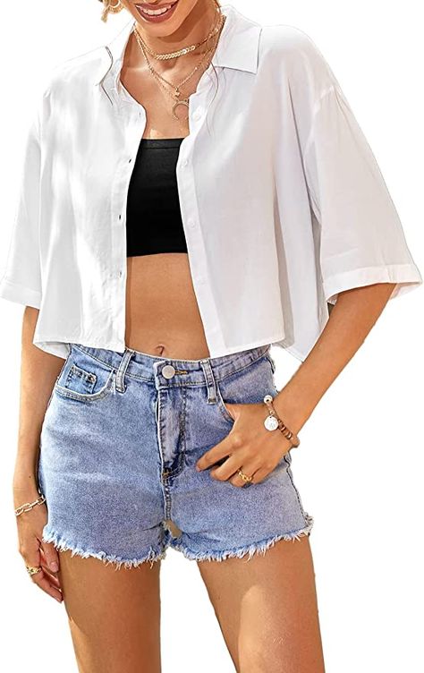 White Cropped Shirt Outfit, Cropped Button Up Shirt Outfit, Cropped Shirt Outfit, Half Sleeve Shirts Women, Sleeve Shirt Outfit, Blusas Crop Top, Button Down Outfit, Outfits Con Camisa, Cropped Button Up Shirt