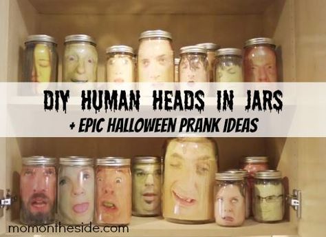 DIY Human Heads in Jars + Epic Halloween Prank Ideas that will turn your Halloween into spooky fun by using your technology! Faces In Jars For Halloween, Head In Jar Diy, Creepy Things In Jars, Face In Jar Halloween, Diy Halloween Body Parts, Head In Jar Halloween, Head In A Jar Halloween, Diy Halloween Props, Diy Halloween Bottles