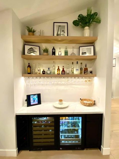 Coffee And Wine Bar With Floating Shelves, Open Shelving Bar Kitchen, Bar Area Next To Fireplace, Boho Wet Bar, Built In Bar Nook Wall Shelves, Wine Bar With Floating Shelves, Built In Dry Bar Nook, Alcove Bar Ideas Built Ins, Alcove Coffee Bar