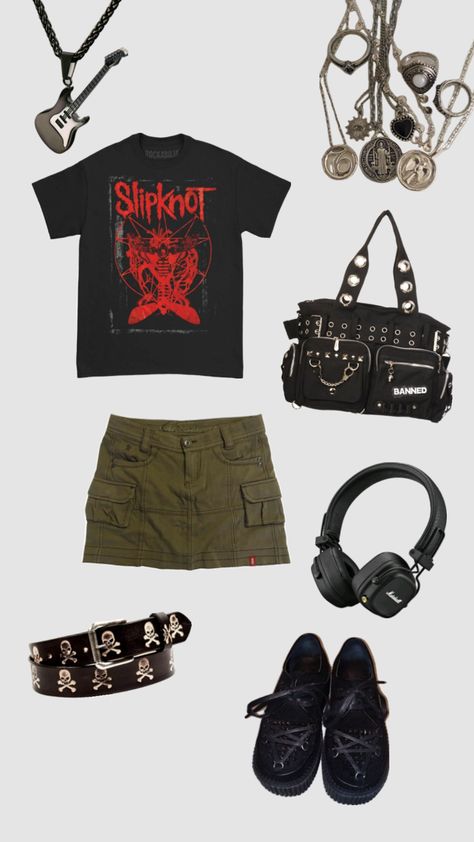 #outfitinspo #outfit #outfitideas #alt #alternative #fashion #fashioninspo #collage #slipknot #slipknotband #metal #metalhead #emo #grunge #grungeoutfits #cargos #skirt #band #bands #aesthetic Metalhead Aesthetic Outfit, Bands Aesthetic, Metalhead Fashion, Metal Outfit, Slipknot Band, Emo Grunge, Arch Enemy, Metal Clothing, Emo Outfits