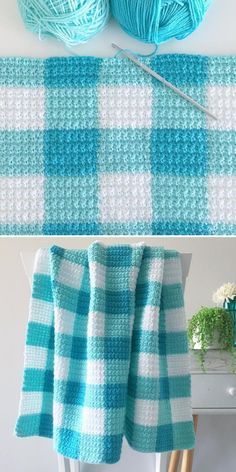 Madeline used a free pattern for Crochet Teal Gingham Blanket to create her own vibrant blue version of this design. The stitches are nice and even, so this structural piece doesn’t even need a border! #freecrochetpattern #gingham #ginghamcrochet #ginghamblanket Joululahjat Diy, Gingham Blanket, Confection Au Crochet, Ornaments Homemade, Border Fabric, Crochet Stitches For Blankets, Crochet Blanket Designs, Mode Crochet, Crochet Simple