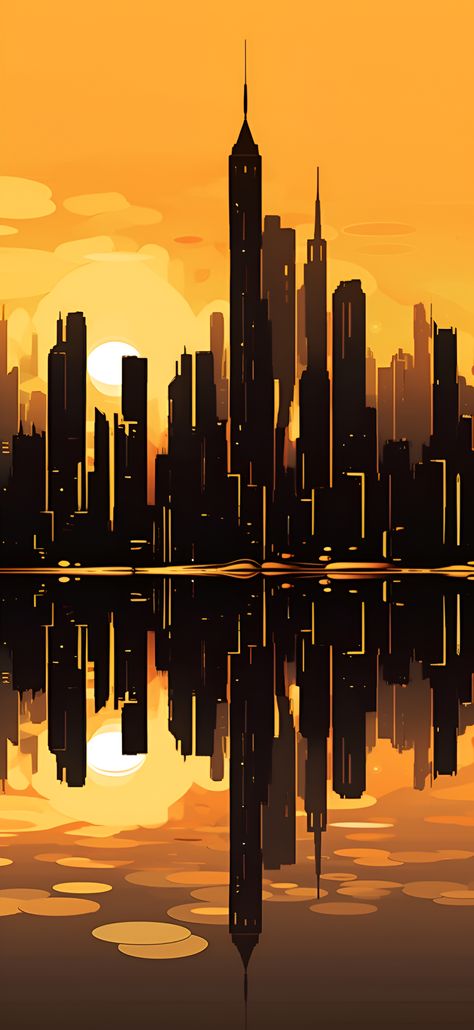 A minimalist aesthetic New York City skyline wallpaper with glistening gold hues, creating a luxurious and modern visual for an iPhone or Android device. Comic Art Cityscape, Urban Environment Art, City Scape Wallpaper, New York City Wallpaper, Aesthetic New York City, City Outline, Cityscape Wallpaper, Iphone Wallpaper Yellow, Golden Wallpaper