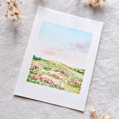 Pretty And Easy Paintings, Wildflower Field Watercolor, 5x7 Watercolor Painting, Mini Watercolor Landscape Paintings, Watercolor Paintings Spring, Flower Field Painting Watercolors, Flower Landscape Watercolor, Watercolor Landscape Flowers, Watercolour Field Of Flowers