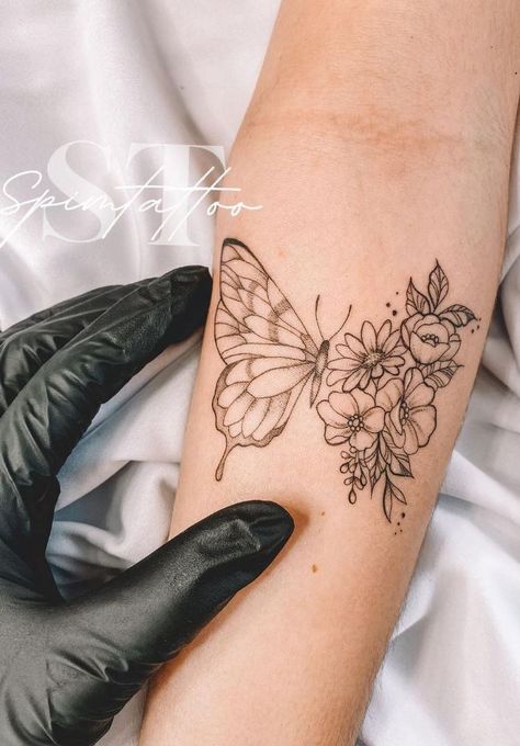 Butterfly Flowers Tattoo, Butterfly With Flowers Tattoo, Butterfly Tattoos On Arm, Tattoo Artist Tattoo, Tattoo Design Tattoo, Flower Wrist Tattoos, Artist Tattoo, Tattoo Cover Up, Healing Tattoo