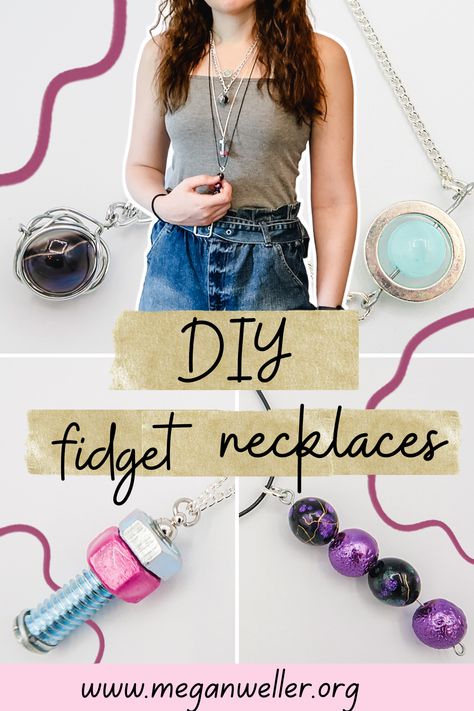 How to make Fidget Necklaces! In this video you will learn how to make four necklaces inspired by the “fidget toy” trend. These necklaces use common jewelry supplies from Michael’s, and a few things from your local hardware store. Sensory Bracelet Diy, Elementary Jewelry Making, Jewelry Made From Hardware, Figet Necklace, Fidget Spinner Necklace Diy, Fidget Bracelet Diy Beads, Figit Jewelry, Fidget Bracelets Diy, Quiet Fidget Toys