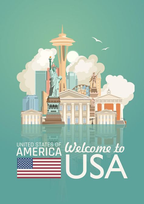 Welcome to USA. United States of America poster with american sightseeings with mirror effect. Vector illustration about travel. In colorful design. American stock illustration America Wall Art, United States Illustration, American Culture United States, United States Aesthetic, United States Wallpaper, Countries Illustration, Usa Symbols, America Illustration, Welcome To Usa