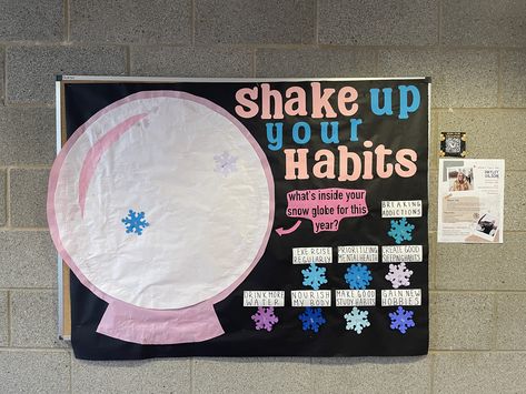 Winter bulletin board idea for new years resolutions Ra Winter Bulletin Boards, College Bulletin Board Ideas, Bulletin Board College, Ra Bulletin Board Ideas, Hall Themes, College Ra, Res Life Bulletin Boards, Door Decorations College, Welcome Bulletin Boards