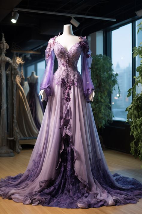 Lavender flower inspired gown Masquerade Purple Dress, Rapunzel Gown Inspired, Purple Royal Gown, Rapunzel Themed Dress, Purple Fairytale Dress, Violet Ball Gown, Purple Fantasy Gown, Fantasy Dress Purple, Royal Purple Ball Gown