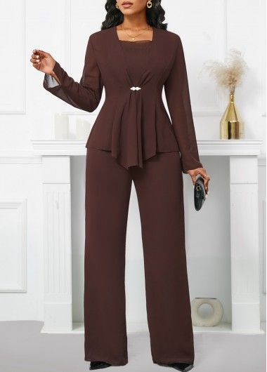 ROTITA Dark Coffee Long Sleeveless Hot Drilling Jumpsuit and Cardigan | Rotita.com - USD $49.98 Dressy Pant Suits, Jumpsuit And Cardigan, Plus Size Pant Suits, Classy Jumpsuit, Pant Suits For Women, Trendy Jumpsuit, Outfits Dressy, Rompers Online, Dark Coffee