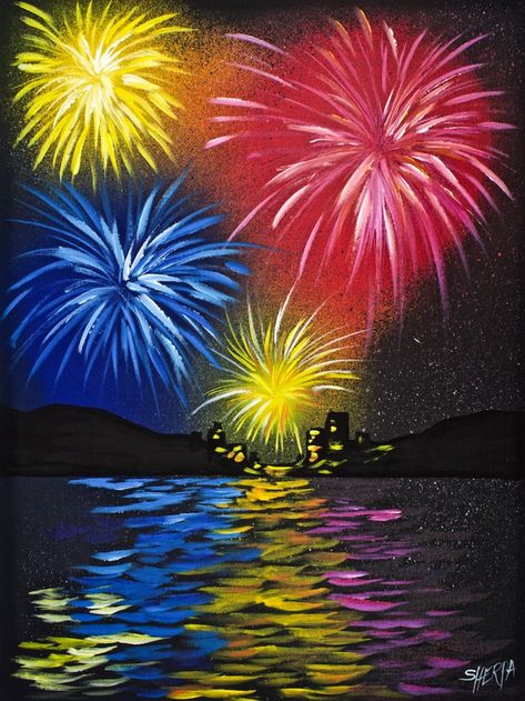 Art, Water, Art Sherpa, The Art Sherpa, Night Sky, Fireworks, Acrylic Painting