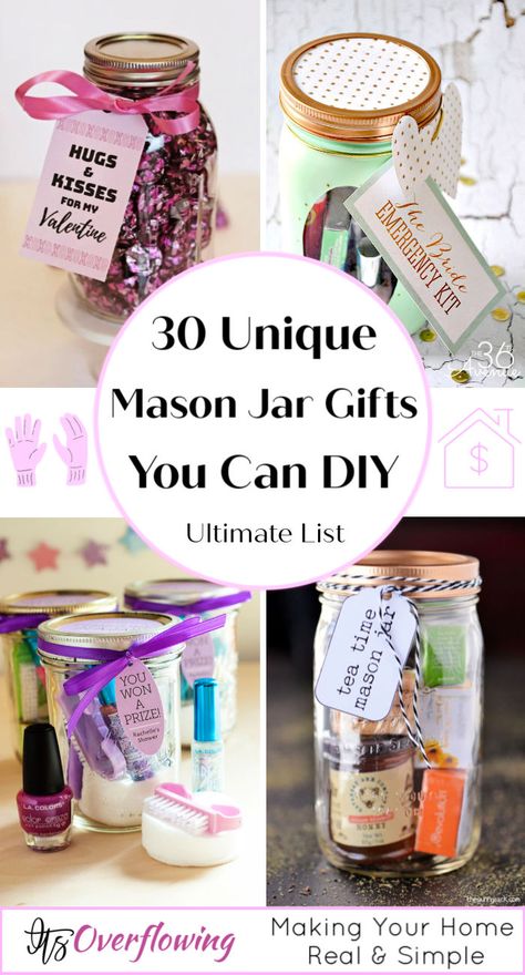 30 DIY Mason Jar Gifts – Homemade Mason Jar Gift Ideas Jar Candy Gift Ideas, Diy Crafts With Jars Ideas, Natal, Teacher Gifts In A Jar, Diy Gift Jars Ideas, Mason Jar Prizes, Minibar In A Jar, Diy Mason Jar Gift Ideas, Canning Jar Gift Ideas