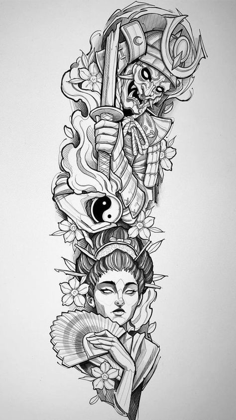 Voll Arm-tattoos, Samurai Tattoo Sleeve, Half Sleeve Tattoos Sketches, Japanese Tattoos For Men, Hanya Tattoo, Half Sleeve Tattoos Drawings, Realistic Tattoo Sleeve, Samurai Tattoo Design, Men Tattoos Arm Sleeve