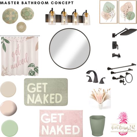 Blush Pink Boho Bathroom, Pink Green Bathroom Decor, Sage And Neutral Bathroom, Green Gold Bathroom Ideas, Sage Green Pink Bathroom, Sage Green Boho Bathroom, Pink Green And Gold Bathroom, Light Green And White Bathroom, Cream And Black Bathroom Ideas