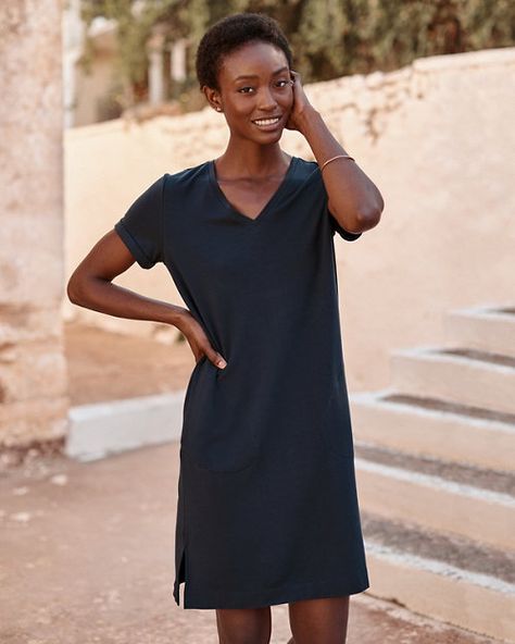 Casual Women's Dresses | Garnet Hill Women Athleisure, Tshirt Dresses, Long Tshirt Dress, Petite Height, Athleisure Women, Hooded Dress, Garnet Hill, Tee Shirt Dress, Comfy Dresses