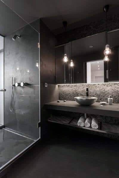 Top 60 Best Black Bathroom Ideas - Dark Interior Designs Mens Bathroom Ideas, Drømme Bad, Dark Interior Design, Mens Bathroom, Top Bathroom Design, Dark Bathrooms, Bathroom Color Schemes, Bad Inspiration, Interior Vintage