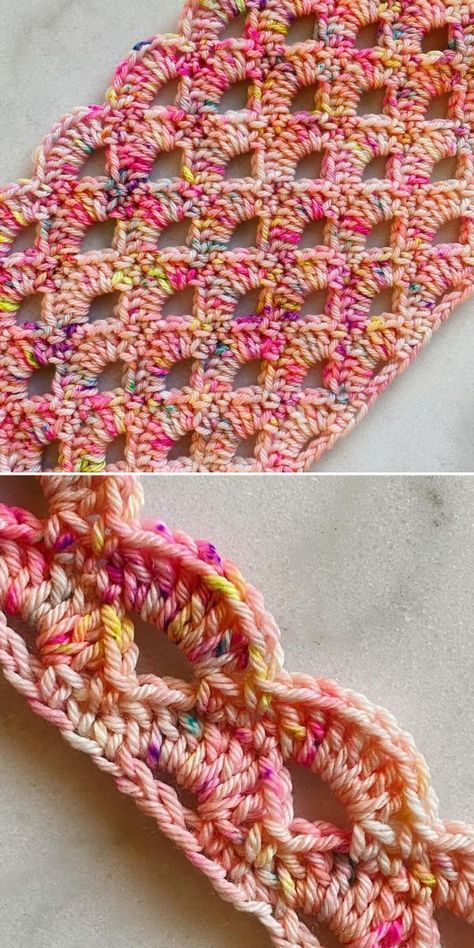 Speckled artisan yarn is so fun to work with that I'm not surprised so many crocheters are crazy about them! Here you can see Anna's work in progress where uniform arches become a fantastic background for crazy color changes. Unexpected nature of this colorway works great with geometric nature of the stitches. #freecrochetpattern #crochetpattern #arcadestitch #crochetstitch #crochetblanket Arcade Stitch Crochet Pattern, Free Easy Crochet Afghan Patterns For Beginners, Itkenken1 Free Crochet Patterns, Beginner Crochet Stitches Tutorial, How To Crochet With Two Strands Of Yarn, Crochet Onto Fabric, Crochet Decorative Stitches, C2c Crochet Stitch Variations, Free Fun Crochet Patterns