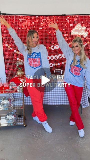 Kristin Miller | Mom of 2 on Instagram: "🏈Channeling our inner Taylor Swift for this Chiefs-themed Super Bowl bash! 🏟️🎉 From Amazon finds to game-day vibes, we’re ready to shake it off and cheer on our team! . . 🛍️ SHOP all of these Amazon party finds on our Amazon storefronts under “Taylor swift Super Bowl” (linked in bio) ❤️ Our sweatshirts are from TT shop but you can find similar ones on our Amazon storefront too! . If you’re local this studio is @lemondropstudiostx and the best space!! Sunglasses are from @front_porch_market ❤️ . . . . #chiefskingdom #superbowlparty #taylorswiftinspired #amazonfinds #gamedayready #partyideas #superbowlpartyfood #partyfood #taylorswift #traviskelce #superbowl #biggame #setup WHO YOU GOT!?" Taylor Swift Chiefs Super Bowl Party, Taylor Super Bowl Party, Superbowl Taylor Swift, Taylor Swift Themed Super Bowl Party, Taylor Swift Superbowl Party, Superbowl Aesthetic, Taylor Swift Super Bowl, Taylor Swift Super Bowl Party, Super Bowl Makeup