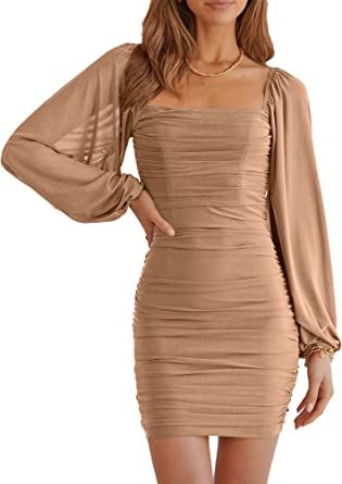 Looking for an elegant and stylish party dress? Look no further than this beautiful Women's Square Neck Lantern Long Sleeve Bodycon Dress! With its sophisticated ruched detailing, slimming mesh fabric, and flattering bodycon silhouette, this dress is the perfect choice for any formal occasion. women's dress, square neck, lantern sleeve, bodycon, ruched, mesh, slimming, elegant, stylish, cocktail dress, party dress. Mesh Cocktail Dress, Lantern Sleeve Dress, Women Long Sleeve Dress, Ruched Bodycon Dress, Womens Cocktail Dresses, Dresses Xxl, Mesh Long Sleeve, Long Sleeve Bodycon, Lantern Sleeve