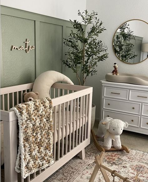 White Nursery Furniture Boy, Nursery Room Sage Green, Grey Tan Green Nursery, Nursery Ideas Neutral Sage Green, Green Grey And Beige Nursery, White Furniture Boy Nursery, Sage And Wood Nursery, Cream And Sage Nursery, Green Accent Wall In Nursery