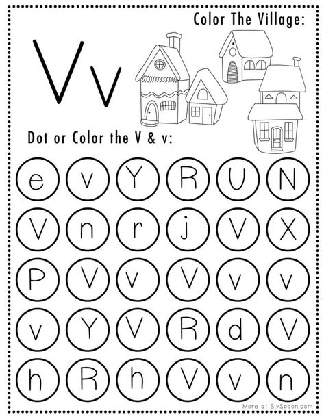 Free Printable Christmas Do a Dot Worksheets - V is for Christmas Village - Make learning fun with this festive Christmas-themed Letter V Dot Worksheet! This free printable activity features cute holiday things that challenges children to recognize the V dots. Ideal for preschoolers and kindergarteners. #christmasthemed #FreePrintable #DotWorksheet #EducationalActivities #FreePrintables #AlphabetTracing #Homeschooling #Christmasworksheets #letterV Letter V Worksheets For Preschoolers, V Is For, V Worksheet, Letter V Crafts, Letter V Worksheets, Letter A Coloring Pages, Letter Recognition Worksheets, Dot Worksheets, Christmas Worksheets