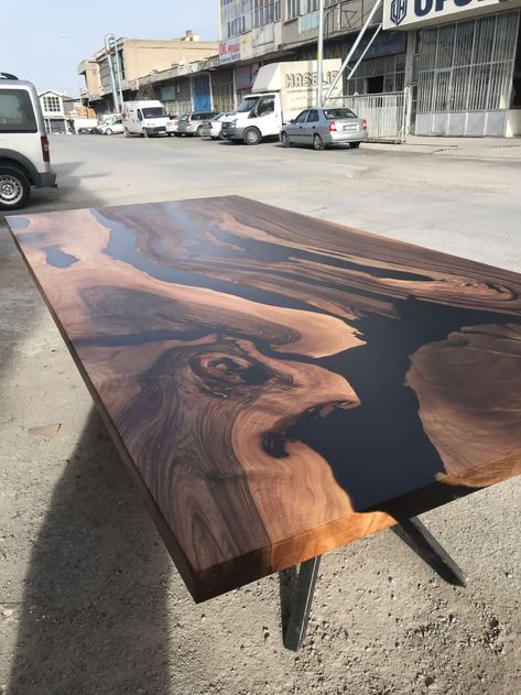 Black Epoxy Dining Table, Wood Epoxy Dining Table, Live Edge Tables With Epoxy, Walnut Epoxy Table, Unique Dining Room Tables, Metal And Wood Dining Table, Live Edge Table Dining Rooms, Wood Dinner Table, Epoxy Resin Dining Table