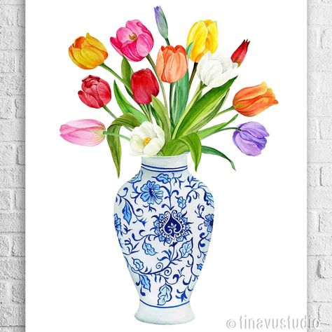 Tulips In A Vase Drawing, Flowers In Vase Watercolor, Watercolour Vase Of Flowers, Blue And White Vases With Flowers, Flower Vase Watercolor, Mexican Watercolor, Vase Watercolor, Tulips Blue, Tulip Artwork