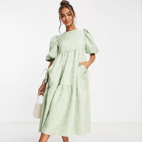 Nwt - Never Worn. Smoke Free Home. Missed Return Window, Needed Different Size. Sold Out On Website! Bellow Pockets. Wine Colored Midi Dress, Green Dress With Sleeves, Ruffle Long Sleeve Dress, Cream Midi Dress, Long Green Dress, Sage Green Dress, Green Dress Casual, Tiered Midi Dress, Asos Dress
