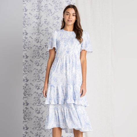 Light Blue and White Toile de Jouy Floral Print Midi Dress Blue And White Toile, Cherry Blossom Dress, Blue Floral Midi Dress, White Ruffle Dress, Tie Dye Scarves, Dvf Diane Von Furstenberg, Belted Midi Dress, Skirt Short, Lace Overlay Dress