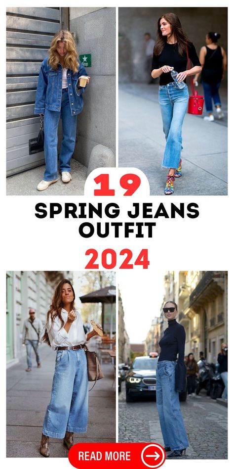 Dive into the aesthetics of spring with our Spring Jeans Outfit Aesthetic 2024 line. These jeans feature unique designs and fits, perfect for those who appreciate a blend of artistic flair and everyday wear. Ideal for making a fashion statement this spring. Summer Casual Jeans Outfits, Trouser Jeans Outfit Spring, Outfit Ideas Jeans Summer, Spring Blue Jeans Outfit, Spring Outfits Wide Leg Jeans, Spring 2024 Jeans Outfit, Jean Outfit Inspiration, Jeans Outfit Spring 2024, Spring Jeans Outfit Work