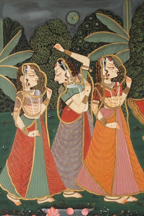 Dancing Krishna, Painting Of Krishna, Krishna Playing Flute, Lush Green Forest, Mughal Miniature Paintings, Rajasthani Painting, Indian Traditional Paintings, Painting Traditional, Playing Flute