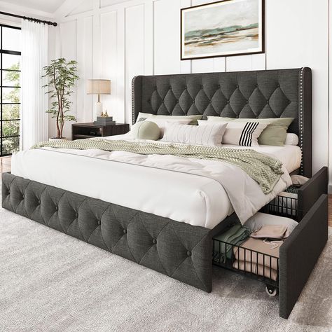 PRICES MAY VARY. 【STORAGE OPTIMIZED & 4 DRAWERS STORAGE】 This king size bed frame comes with 4 wire mesh drawers that can be secured to the bed frame with storage and are on rollers, allowing the upholstered bed frame king to provide a comfortable place to sleep while providing plenty of storage under the bed 【STRONG & STABLE CONSTRUCTION】 The platform bed frame with headboard is made of high quality metal support structure and thickened hardwood slats to ensure the durability and solidity of th Mesh Drawers, Beds Frame, Bed With Drawers Underneath, Linen Upholstered Bed, Tufted Bed Frame, Upholstered Bed With Storage, Headboard Tufted, Tufted Platform Bed, Grey Bed Frame