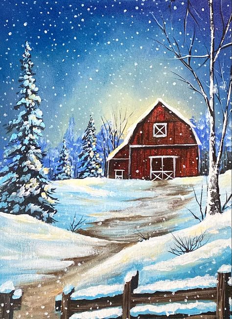 Acrylic Winter Paintings, Snow Painting Acrylic Winter Scenes, Christmas Scenery Paintings, Winter House Painting, Winter Landscape Painting Acrylic Easy, Christmas Scene Painting, Winter Barn Painting, Winter Cabin Painting, Christmas Landscape Painting