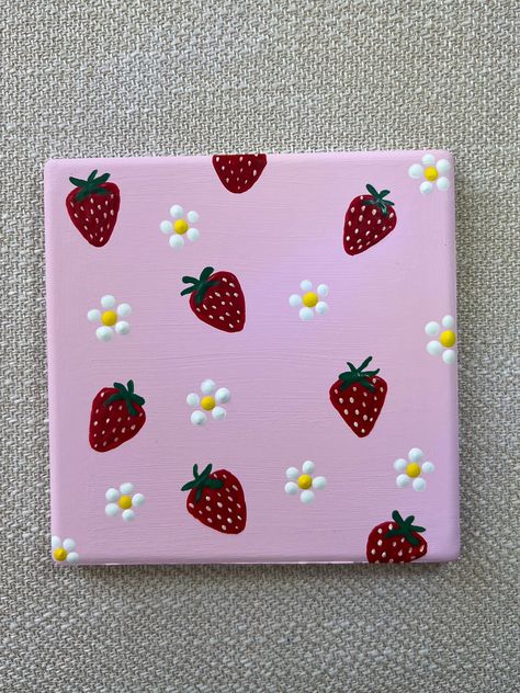 4x4 ceramic hand painted strawberry coaster. Sealed with a glossy water resistant finish and a layer of cork on the bottom to prevent sliding and movement on flat surfaces. Pink Simple Painting, Painting On A Canvas Ideas, Easy Doodle Paintings, What To Paint When Your Bored, Easy Prints To Paint, How To Paint A Strawberry, Painting On Objects Ideas, Summer Paintings Ideas, Pretty Things To Paint Easy