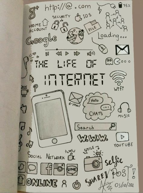 Redes sociales Life Of Internet Doodle, The Life Of Internet Drawing, Cute Notebook Drawings Doodles, Doodle Ideas Simple Art Journals, Diary Doodles Ideas Notebooks, School Life Doodle Art, Random Aesthetic Doodles, What To Draw On Your Notebook Cover, Drawing In School Notebook