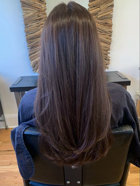 aesthetic healthy hair haircare haircut hairstyles brunette layers long brown style thick inspo Long Layers V Haircut, Brunette Long Straight Hair, Brown Hair Haircuts Long, Layered Hair Brown Long, Haircuts For Long Hair Long Layers, Straight Brown Hair Layers, Long V Shaped Haircut, Straight Length Haircut, Hair Cuts For Brown Hair Long