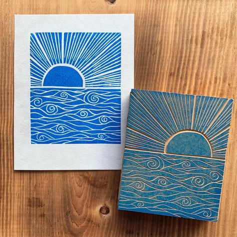 A little sunset print. Working on my swirly water carving 🌊 #linocut #linoprint #linoprinting #blockprinting #blockprinter #printmaking… | Instagram Lino Art Ideas, Linoleum Print Ideas, Lino Cut Ideas, Lino Print Pattern, Lino Design, Print Making Designs, Woodcut Printing, Eraser Stamp, Lino Printing