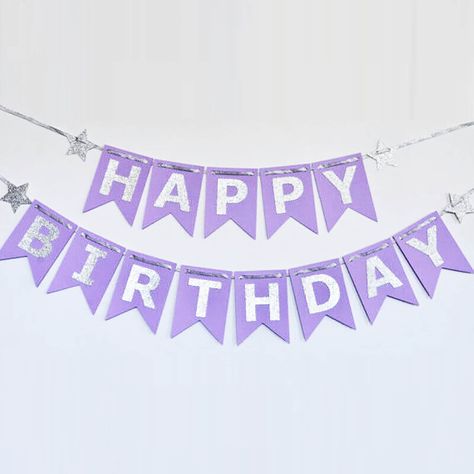 Our purple Happy Birthday banner with silver glitter lettering is cuteness overload to a purple themed birthday party, first birthday party or for any cute little girls birthday party! Our happy birthday pennant is meant to be reused, provided with ribbon, they required simple stringing the pennant together. Material: felt with card stock glitter. You will receive all happy birthday panels with ribbon to string through them. Birthday Decorations Purple And Silver, Purple And Silver Party, Purple Themed Party, Party Decor Purple, Birthday Pennant, Purple Happy Birthday, Birthday Banner Template, Felt Banner, Purple Birthday