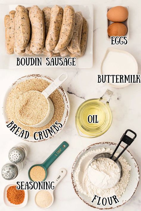 ingredients for boudin balls, starting with boudin sausage and eggs, flour, seasoning, breadcrumbs How To Cook Boudin, Boudin Balls Recipe, Boudin Recipe, Boudin Sausage, Sausage And Eggs, Boudin Balls, Fun Meals, Mustard Cream Sauce, Buttermilk Bread