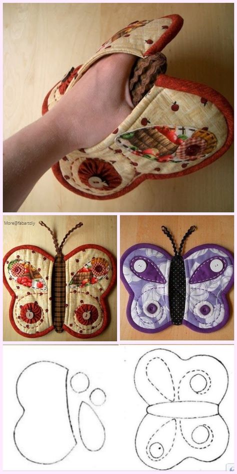 Quilted Butterfly Potholder Sew Free Pattern&Paid Quilted Butterfly, Tips Menjahit, Projek Menjahit, Tas Laptop, Corak Menjahit, Folded Fabric Ornaments, Quilted Potholders, Kraf Diy, Potholder Patterns