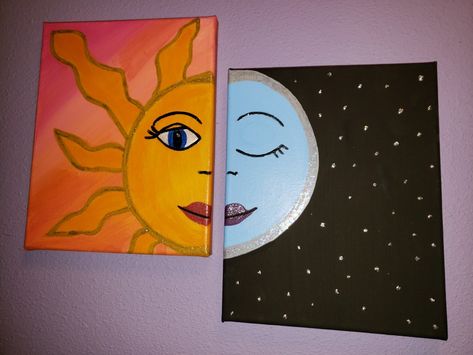 First try at half moon half sun. Moon And Sun Painting, Moon Half, Painting Moon, Half Sun, Mother Painting, Sun Drawing, Sun Painting, Sculpture Art Clay, Moon And Sun