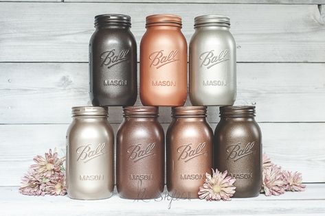 Top Row: Left to right- Oil Rubbed Bronze, Krylon Copper, Satin Nickel.  Bottom row: Left to right- Champagne Mist, Flat Burnished Amber, Aged Copper, Flat Chestnut. Metallic Spray Paint Colors, Rustoleum Metallic, Copper Spray Paint, Rustoleum Spray Paint, Spray Paint Colors, Glitter Mason Jars, Metallic Spray Paint, Spray Paints, Gold Spray