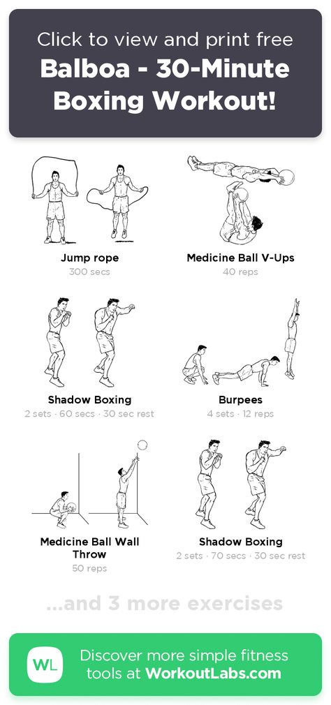 Balboa - 30-Minute Boxing Workout! – click to view and print this illustrated exercise plan created with #WorkoutLabsFit Boxing Basics, Boxing Training Workout, Workout Labs, Exercise Ideas, Tabata Workouts, Exercise Plan, Healthier Choices, Free Workout, Fitness Tattoos