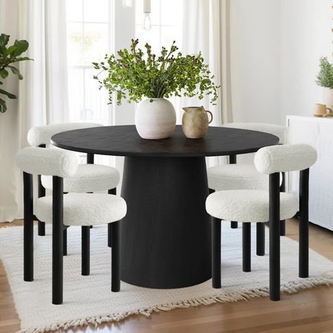 George Oliver Halford 5 - Piece Pedestal Dining Set | Wayfair Acapulco, Tall Dining Chairs, Black Round Dining Table And Chairs, Black Circle Dining Table, Round Dining Room Table Decor, Dining Room Decor Minimalist, Kitchen Chairs Ideas, Dining Room With Round Table, White Dining Room Sets