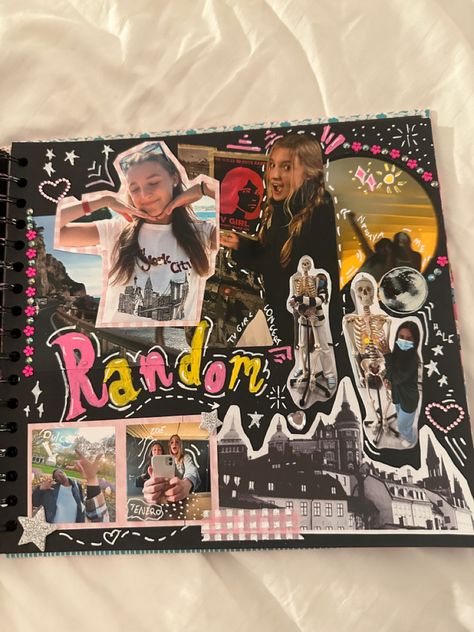 scrapbook idea creative random teen life memory book Scrapbook Ideas For Yourself, Cover Of Scrapbook Ideas, Scrapbook Creative Ideas, Photo Book Friends, Black Page Scrapbook, Scrapbook Memory Book, Scrapbooking With Photos, Y2k Scrapbook Ideas, Friend Book Diy